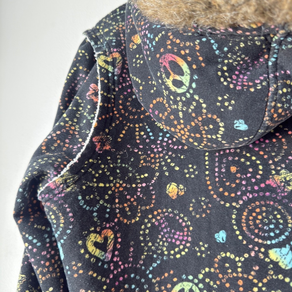 Self Esteem Y2K Black Sherpa Hoodie Womens L Rainbow Peace Heart Faux Fur Zip Up - Picture 16 of 16